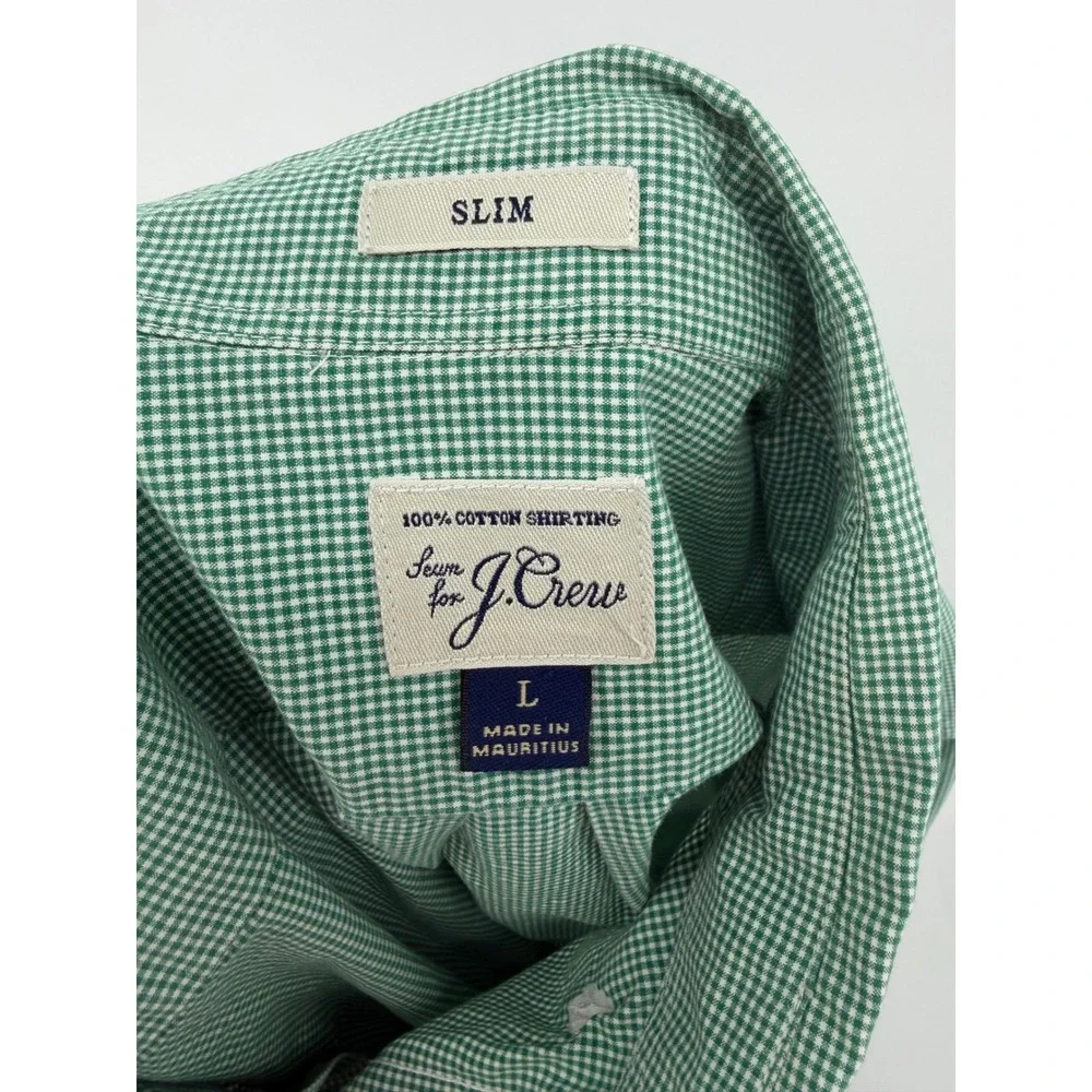 J Crew Slim Fit Gingham‎ Button Down Shirt Green White Men's Size L